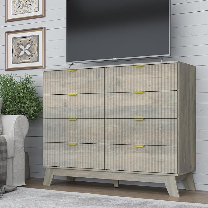 BORNOON Fluted 8 Drawer Tall Dresser, 47.2" Wide Modern Boho Chest of Drawers, Wooden Storage Dresser TV Stand for Bedroom, Living Room, Closet, Hallway, Curved Profile Design