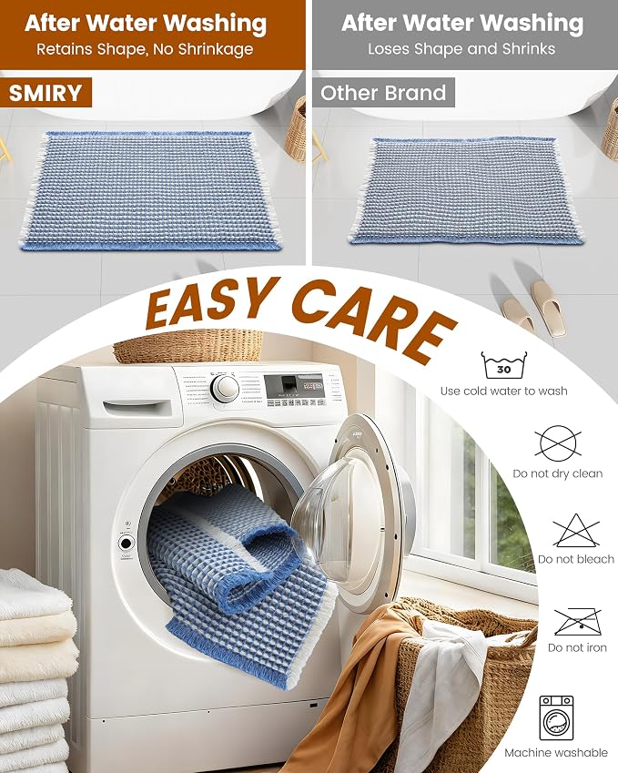Smiry Waffle Bath Mat 36x24, Extra Soft Absorbent Bathroom Rugs, Non Slip Machine Washable Quick Dry Bath Rugs for Bathroom Floor, Tub, Shower, Home Decor Accessories, Blue & Cream
