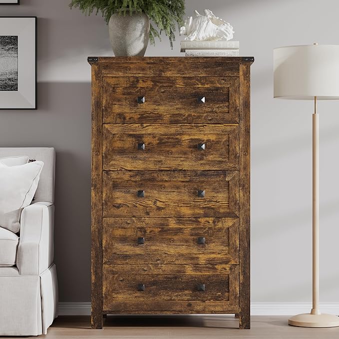 BORNOON Tall 5-Drawer Dresser, Modern Wooden Storage Chest of Drawers, Dresser TV Stand, Wood Drawer Organizer with Metal Handles for Bedroom, Living Room, Hallway