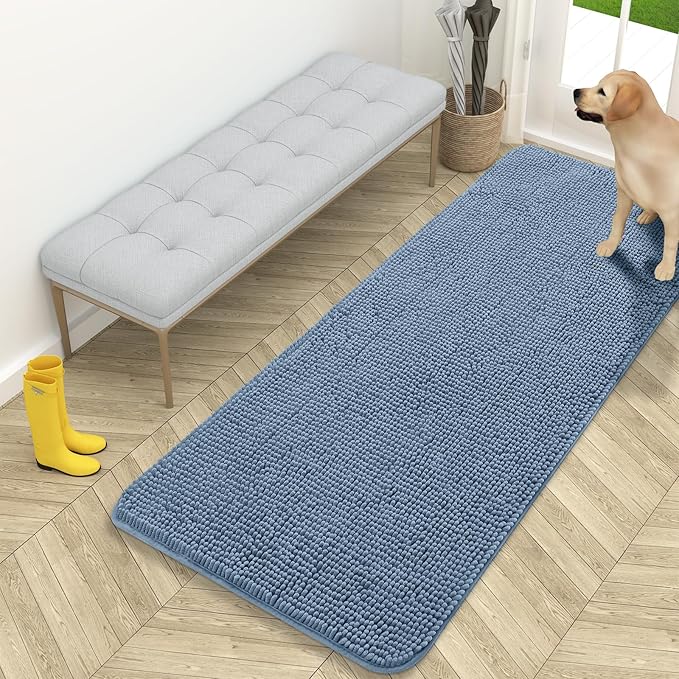 OLANLY Dog Door Mat for Muddy Paws 59x24, Absorbs Moisture and Dirt, Absorbent Non-Slip Washable Doormat, Quick Dry Chenille Mud Mat for Dogs, Entry Indoor Entryway Carpet for Inside Floor, Airy Blue