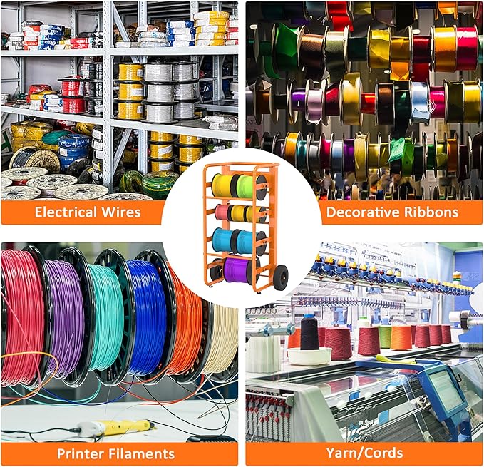 Tredre Orange Wire Spool Rack with Wheels, Heavy Duty Cable Holder with 11 Rods – Mobile Multi-Spool Wire Rack Dispenser with Wheels and Storage Box for Efficient Workplace Cable Management