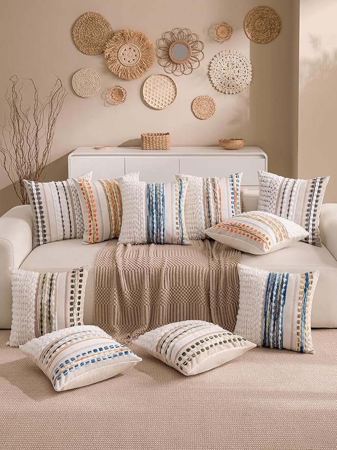 KOOLIFE Boho Chenille Tufted Couch Throw Pillow Covers 18x18 Inch Set of 2 Farmhouse Striped Decorative Pillow Covers Accent Neutral Square Pillowcase Green Cushion Covers for Livingroom Sofa Bed