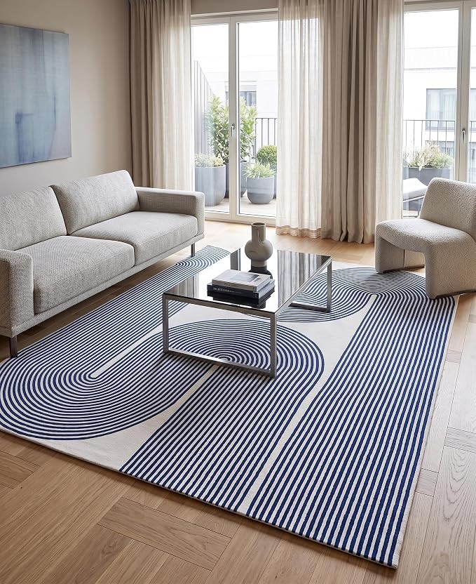 Modern Handmade Wool Area Rug, Abstract Curved Line Geometric Indoor Carpet for Living Room Bedroom, Contemporary Tufted Rug with Soft Pile and Cotton Backing (Royal Blue, 5' x 7')