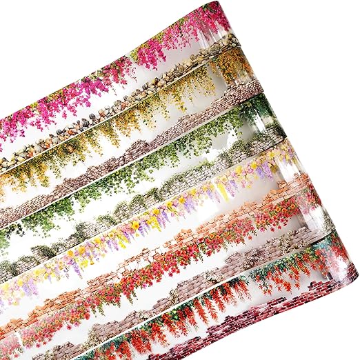 MiyouLuna 6 Rolls Flower Wall PET Tape Set, Seamless Floral Brick Stone Stickers for Journaling, DIY Crafts, Planner, Scrapbook Supplies with Clip, Waterproof and Decorative