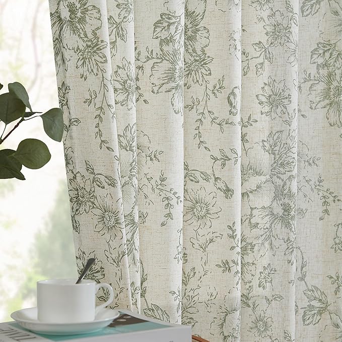jinachan Pinch Pleated Curtains Floral Linen Blend Curtains for Living Room 90 Inches Length Christmas Green Peony Flower Printed Curtain Rod Pocket Back Tab Farmhouse Drapes with Hooks Set 2 Panels