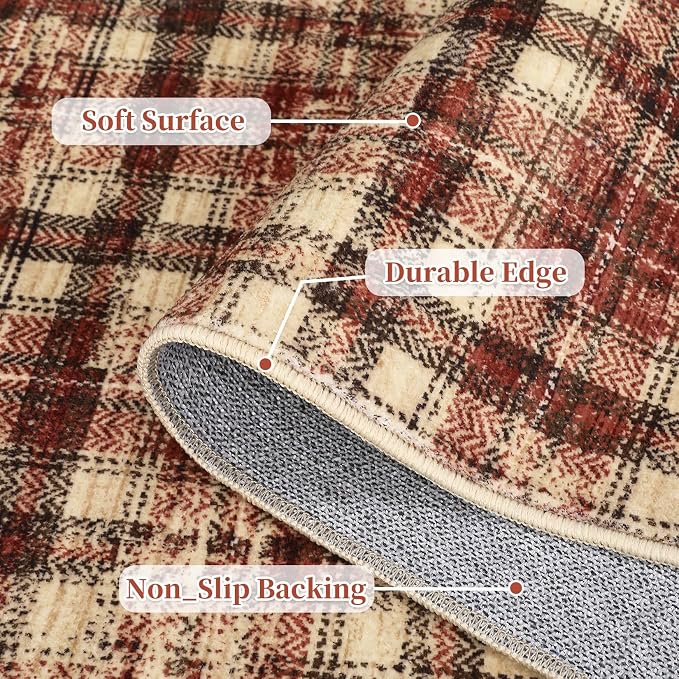 Tartan Plaid Round Area Rugs 4ft, Washable Non-Slip Soft Small Round Rug 4x4 Ultra-Thin Circle Low Pile Stain Resistant Carpet for Bedroom Entryway Kitchen Laundry Bathroom, Red