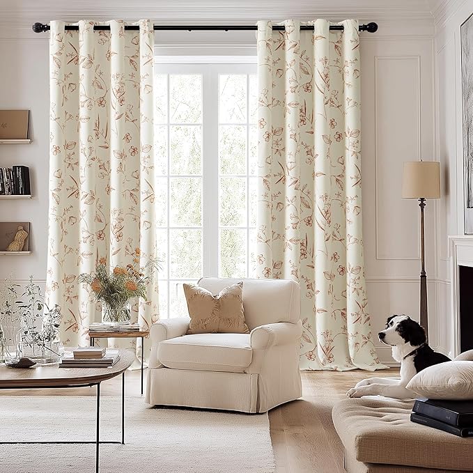 ChrisDowa Beige 100% Blackout Floral Curtains 96 Inches Long 2 Panels for Bedroom Living Room Brown Flower Patterned Room Darkening Thermal Insulated Soundproof Grommet Window Treatments Drapes,52X96
