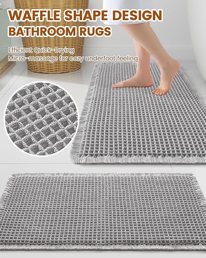 Smiry Waffle Bath Mat 36x24, Extra Soft Absorbent Bathroom Rugs, Non Slip Machine Washable Quick Dry Bath Rugs for Bathroom Floor, Tub, Shower, Home Decor Accessories, Light Grey