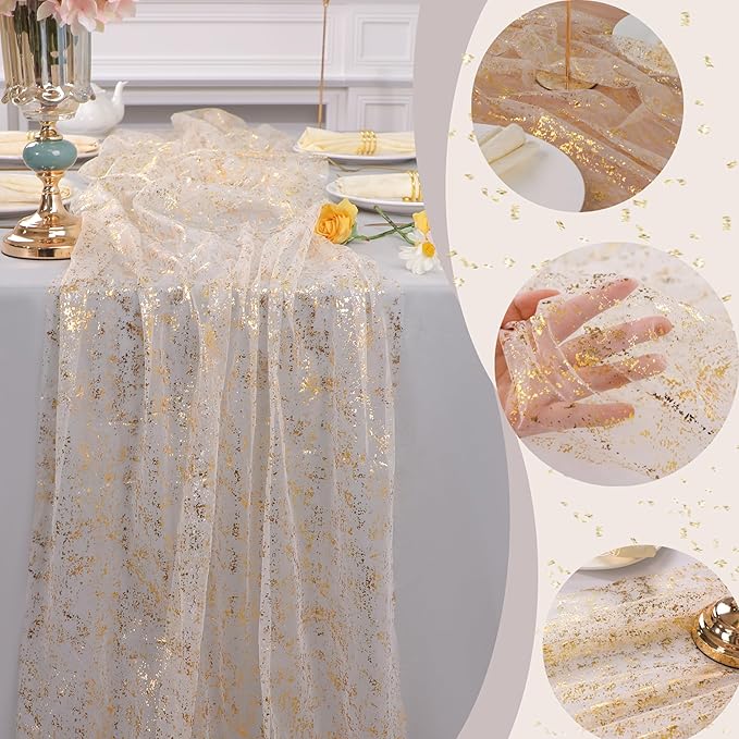 Snowkingdom 10 Ft Gold Table Runner, Sheer Gauze Chiffon Tulle Cheesecloth Sequin Glitter Metallic Foil, Table Decorations for Home Wedding Anniversary Party Birthday Holiday Christmas Thanksgiving