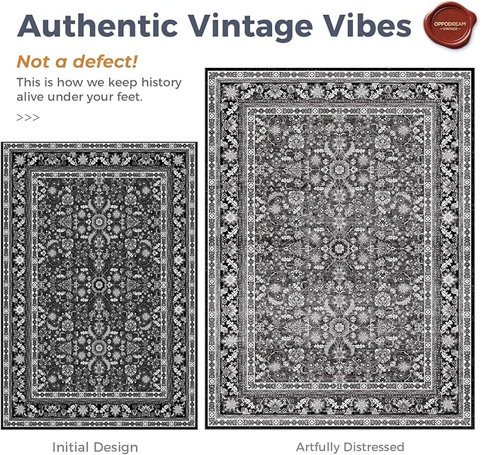 OPPODREAM Vintage Black Area Rugs 5x7, 5 x 7 Retro Washable Rug Non Slip, Low-Pile Faux Wool Carpet, Distressed Floor Mat for Living Room, Bedroom, Kitchen, Office, Dorm, Dinning Room