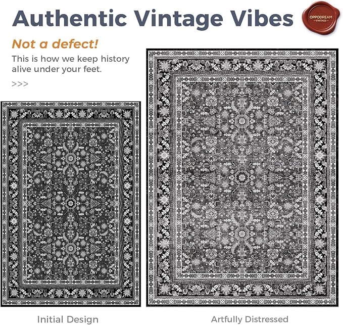 OPPODREAM Vintage Black Area Rugs 3x5, 3 x 5 Retro Washable Rug Non Slip, Low-Pile Faux Wool Carpet, Distressed Floor Mat for Living Room, Bedroom, Kitchen, Office, Dorm, Dinning Room
