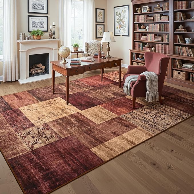 Tepook Modern Area Rug for Living Room, 8x10 Geometric Large Rugs for Bedroom, Washable Patchwork Rug Indoor Non-Slip Throw Carpets for Dining Room Office Farmhouse Home Decor, Red
