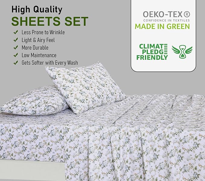 RUVANTI 100% Cotton California King Sheet Sets, 4 Pieces, Soft & Breathable Percale Weave Bedding, Deep Pocket 14", Hotel Standard, Crisp Cool Feel & Durable, Perfect Floral Sheets, Heritage