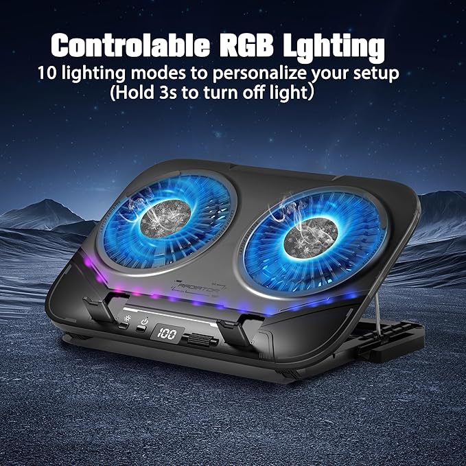 PZT Dual-Core TEC Laptop Cooling Pad with Dual Stepless-Quiet Fans, 5-Height Adjustable Laptop Cooling Stand, 10-Level RGB for 13-17 Inch Laptops, Includes 15W Charger, Smoky Black