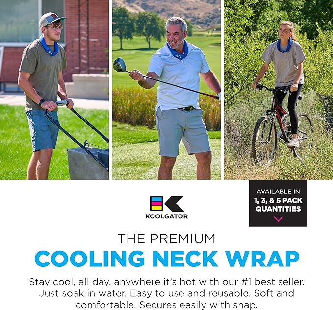 KOOLGATOR Evaporative Cooling Neck Wrap – Reusable Neck Cooler with Long Lasting Relief During Hot Weather Activities, Sports, & Outdoor Work, Golf Tees, 3 Pack