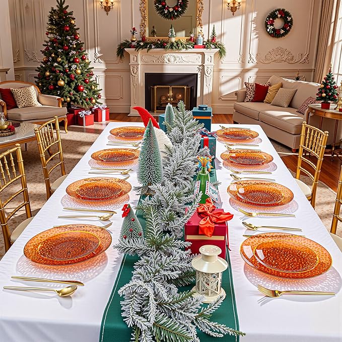 Rubtlamp 60Pcs Amber Plastic Plates - Brown Disposable Plates With Gold Rim, Clear Heavy-duty Party Plates, Hammered Plates Include 30 Dessert Platos, 30 Dinner Platos for Thanksgiving, Christmas