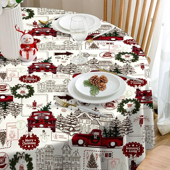Eikione 60 Inch Round Merry Christmas Tablecloth, Truck Christmas Tree Tablecloth, Stain Resistant Dining Table Cover for Holiday Decor