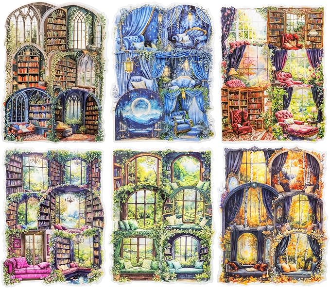 AuriicLeaf Window Reading Corner PET Sticker Set, 60PCS Cozy Room Scene Stickers for Scrapbooking, Journaling, DIY Crafts and Gift Decoration