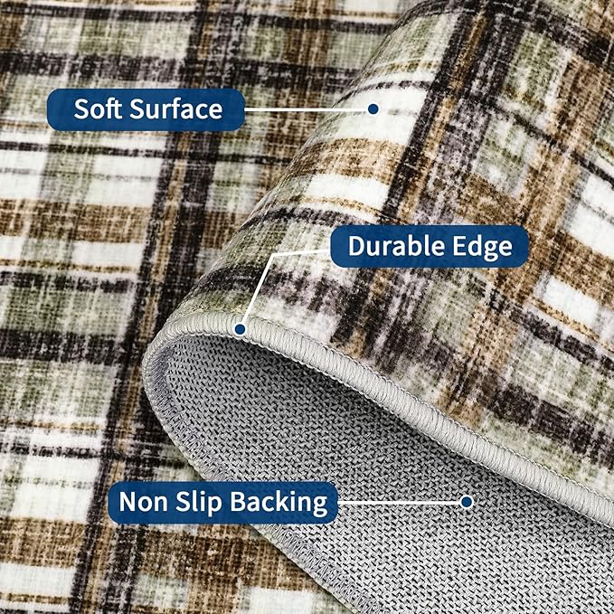 Washable Runners for Hallways 2x8 Rug Modern Bathroom Rugs Non Slip Kitchen Rugs Farmhouse Low Pile Entryway Rug Soft Stain Resistant Carpet for Laundry Hallway Bedside, 2'x8' Celadon&Coffee