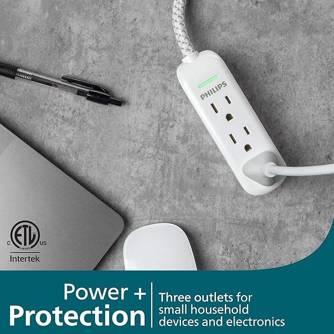 Philips 8 Ft Indoor Extension Cord with Surge Protection, 3-Outlet, Flat Plug, 300 Joules, UL Listed, White, SPP3433BB/37