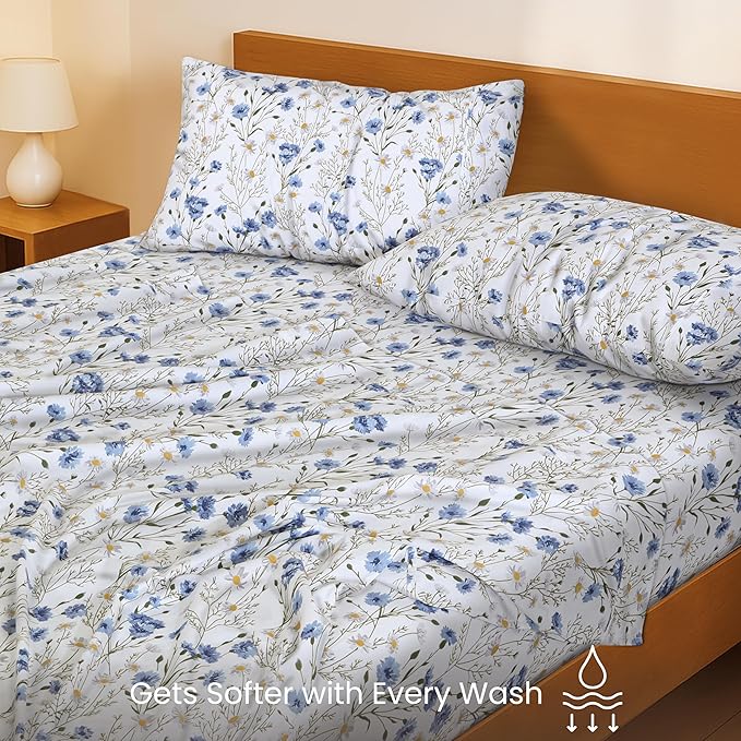 RUVANTI 100% Cotton Split King Sheets Sets for Adjustable Bed, 5 PCs, Soft & Breathable Percale Weave Bedding, Deep Pocket 16", Hotel Standard, Crisp Cool Feel & Durable, Floral Sheet, Sweet Pea