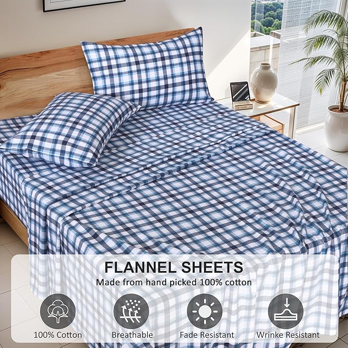 RUVANTI Flannel Sheets California King Size - 100% Cotton Brushed Cal King Bed Sheets Set - Deep Pockets 14 Inches - All Seasons Breathable & Extra Soft - Warm & Cozy, 4 Piece, Gingham Addition