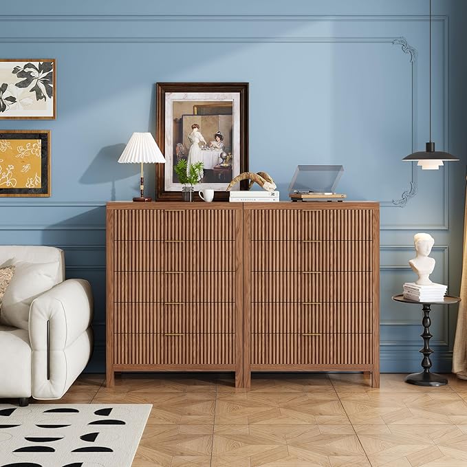 JZXSHD 5 Drawer Dresser, 43" Tall Dresser Organizer TV Drawer Cabinet Modern Wood Storage Cabinet, Modern Wood Storage Cabinet for Bedroom, Hallway, Entryway, Walnut Oak X 2