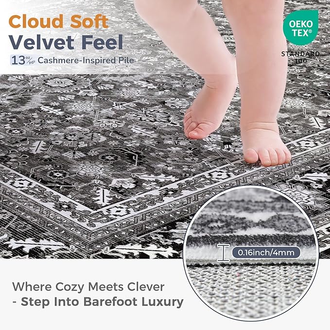 OPPODREAM Vintage Black Area Rugs 4x6, 4 x 6 Retro Washable Rug Non Slip, Low-Pile Faux Wool Carpet, Distressed Floor Mat for Living Room, Bedroom, Kitchen, Office, Dorm, Dinning Room