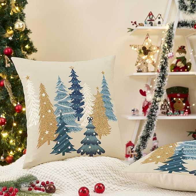 Christmas Pillow Covers 18x18 Inch Set of 2 Blue Decorative Christmas Tree Throw Pillows Linen Winter Holiday Decor for Home Sofa Couch Bed Chair