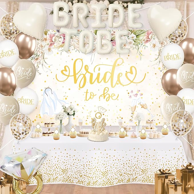 Bride to Be Decorations,White Gold Bridal Shower Balloons Kit with Backdrop,Bachelorette Party Decorations, Diamond Ring Foil Balloons,Cake Toppers