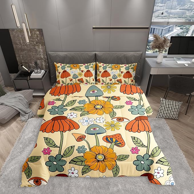 Castle Fairy Retro Flowers Comforter Set Twin Size,70s Floral Mushroom Quilt Set for Kids Boys Bedroom Collection,Art Hippie Plant Eye Print Polyester Bedding with 1 Pillowcase,2Pcs