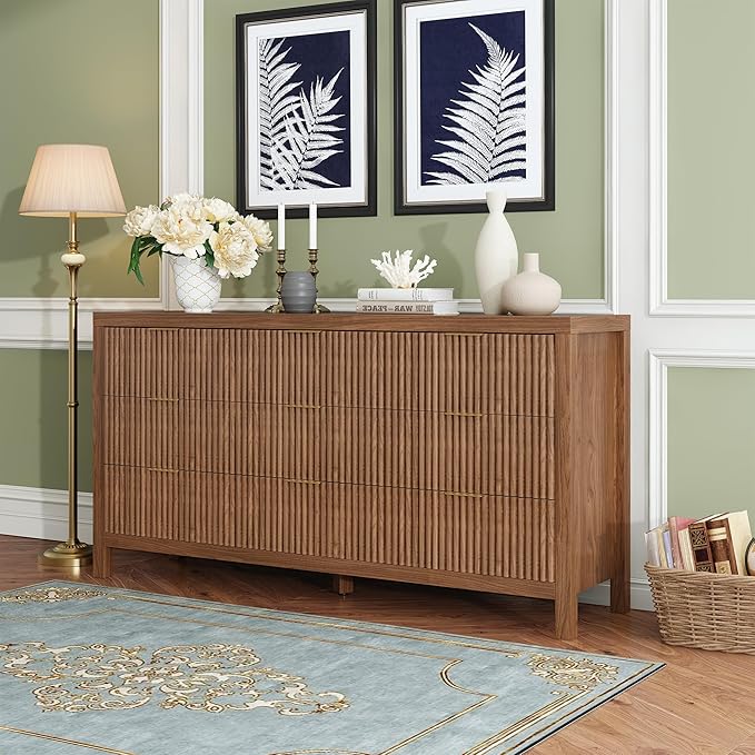 NRITOBY Mid-Century Modern 9-Drawer Dresser for Bedroom, Freestanding Nursery Dresser with Large Storage,Wood Dresser Dining Room, Entryway, Walnut Oak