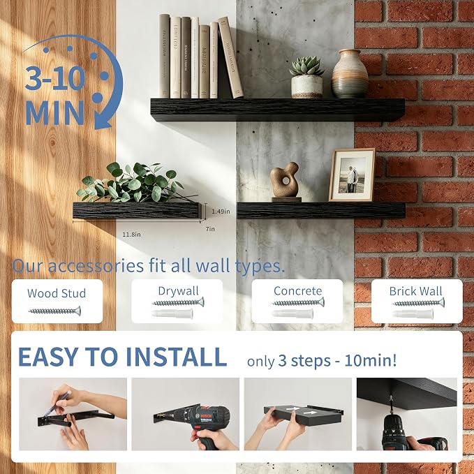 Floating Shelves for Wall, Bathroom Shelves Over Toilet, Wall Shelves & Book Shelf for Room, Hanging Shelf, Modern Wooden Wall-Mounted Small Floating Shelves, 12x7x1.5 in (Black, Set of 3)