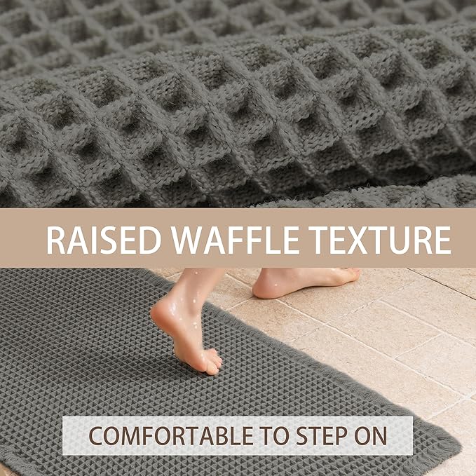 Waffle Bath Mat Non Slip, Boho Bathroom Rug, Super Absorbent Quick Dry Bathroom Mat, Soft Farmhouse Bath Rug with Tassels, Small Washable Shower Mats for Floor 24"x36", Dark Grey