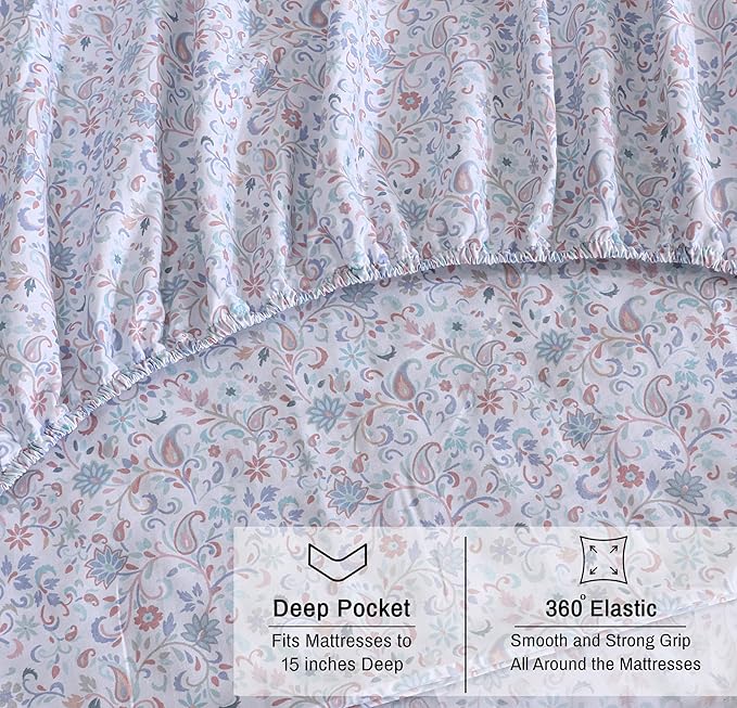 RUVANTI 100% Organic Cotton Sheets Queen Size, Percale Weave, GOTS Certified, 4-Piece Set, Deep Pocket 15", Crisp & Breathable, Soft Durable Bedding, Sábanas Algodón Orgánico – Multi Paisley