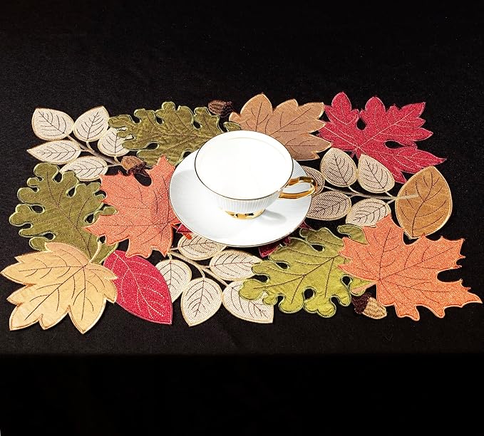 KEVA Fall Placemats Set of 4, 13inch x 19inch, Fall Decorations for Home Kitchen Dining Table, Thanksgiving Harvest Autumn Maple Leaves Embroidered Placemats