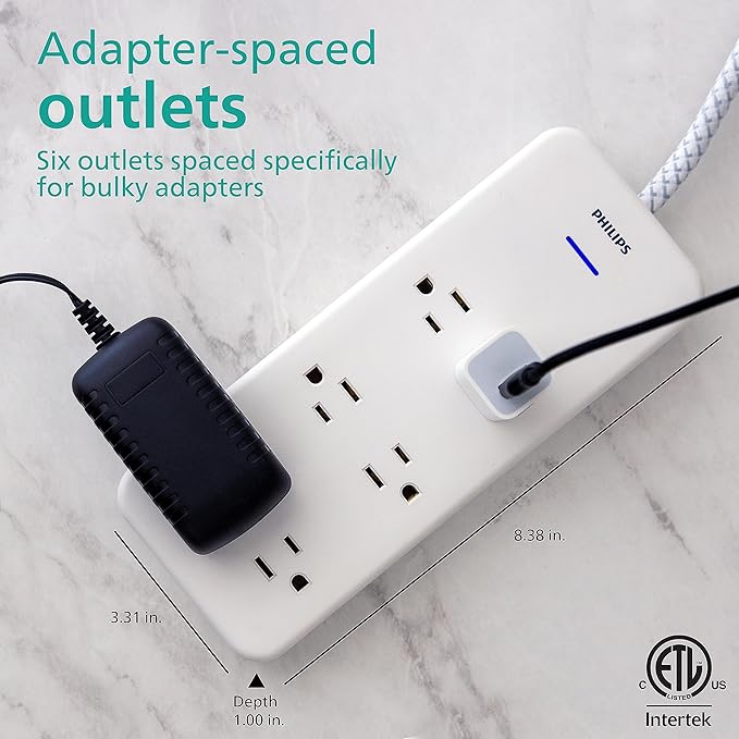 Philips 6-Outlet Surge Protector with Multiple Outlets, 8 Ft, Braided Cord,1080 Joules, Adapter-Spaced, White, SPC6066WB/37