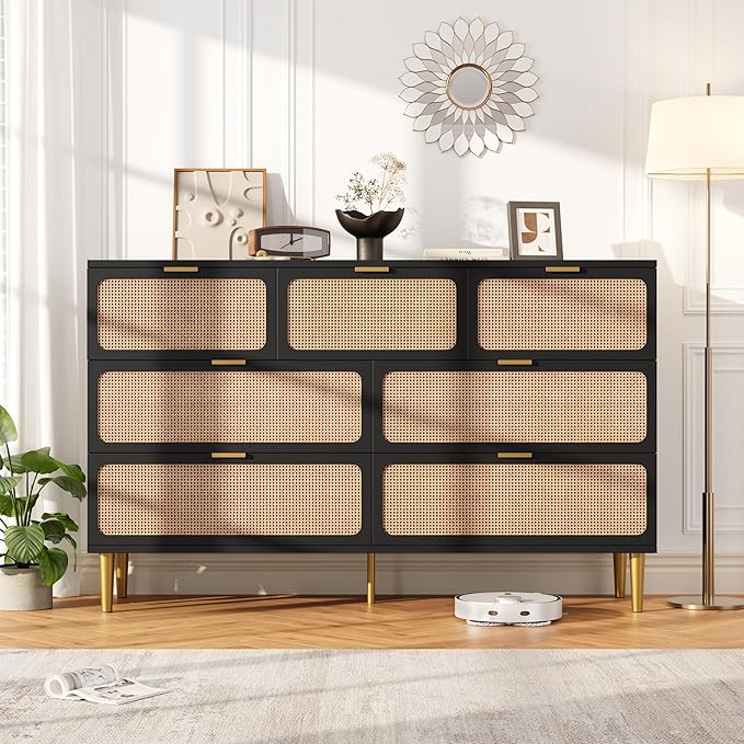 Garvee Rattan Dresser with 7 Drawers, Tall Modern Closet with Deep Storage, Large Chest of Drawers with Wide Top, Long Wooden Dresser for Bedroom, Living Room, Hallway, Kids Room, Black