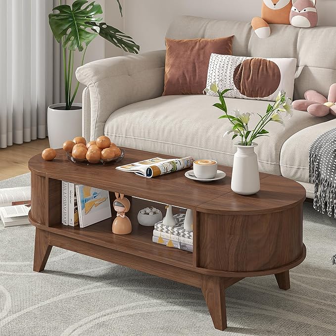 Coffee Table with Storage,Mid Century Modern Coffee Tables with 2 Flip-Top Hidden Lids,Fluted Coffee Table,Wood Center Tables for Living Room Home Office (Walnut Color)