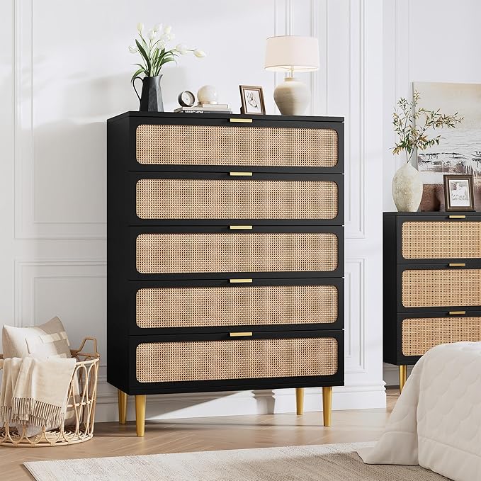 Garvee Rattan Dresser with 5 Drawers, Tall Modern Closet with Deep Storage, Large Chest of Drawers with Wide Top, Long Wooden Dresser for Bedroom, Living Room, Hallway, Kids Room, Black