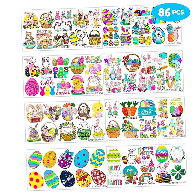 86PCS Easter Bunny Temporary Tattoos – Cute Easter Egg Tattoo Stickers, Bunny Theme Birthday Party Favors, Supplies, Decorations, Gifts for Kids Boys Girls, School Prizes, Carnival Rewards