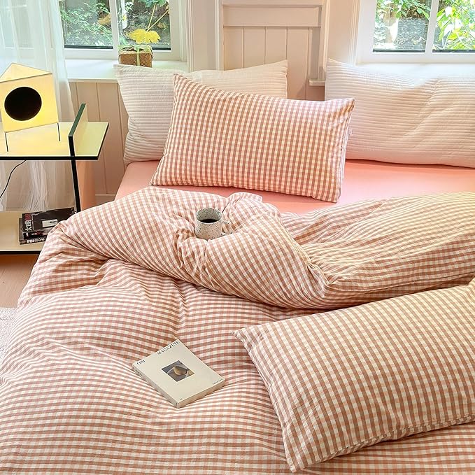 LifeTB Queen Comforter Set Pink Gingham Comforter Modern Style Blush Plaid Comforter Set 3 Pieces Grid Checkered Comforter with 2 Pillowcases Fluffy Soft Boho Gingham Bedding Set Queen Size