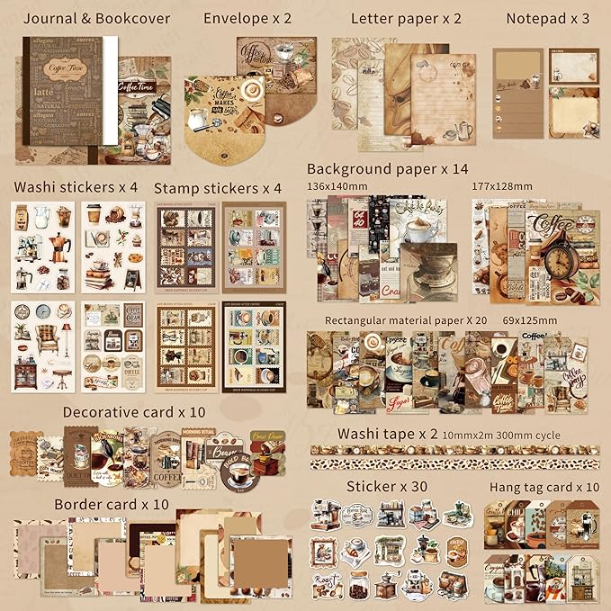 emmoolife Scrapbooking Supplies Kit, Coffee Vintage Aesthetic Scrapbook Kit for Bullet Junk Journal, DIY Journaling Supplies with Coffee Bean Cup, Latte Art, Birthday Craft Gift for Teen Girl Women