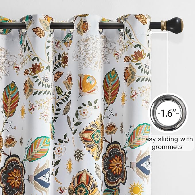 White Vintage Fancy Floral Patterned Blackout Curtains 63 Inch Length Shabby Chic Farmhouse Curtains for Bedroom Living Room Darkening Mid Century Colorful Grommet Black Out Drapes 2 Panels 52x63