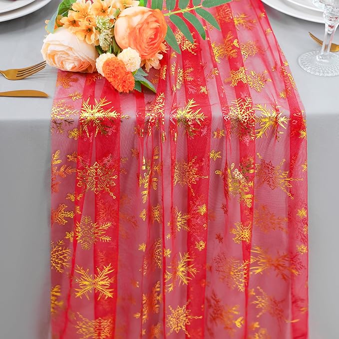 Snowkingdom Red Gold Snowflake Christmas Table Runner 120 Inches Long 10FT Sheer Tulle, Golden Snowflakes Xmas Seasonal Winter Kitchen Dining Holiday Wedding Table Decor for Home Party