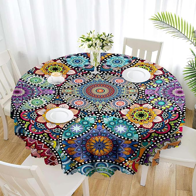 Eikione Boho Round Tablecloth, 60inch Bohemia Table Cover, Colorful Polyester Waterproof Stain Resistant, Wrinkle Free, Circle Tablecloth for Indoor and Outdoor Use
