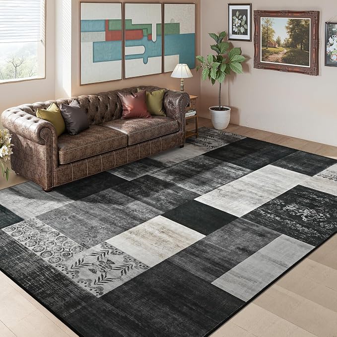 Tepook 6x9 Area Rugs for Living Room, Modern Large Geometric Rug for Bedroom, Washable Patchwork Rug Indoor Non Slip Throw Carpets for Dining Room Office Farmhouse Home Decor, Black and White