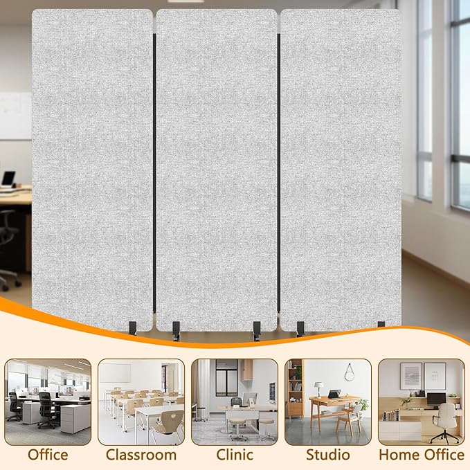 Soundproof Room Divider Panel with Wheels, 66in Portable Office Partition Screen, 3 Panel Temporary Wall Divider for Sound Proof Separation, Cubicle Privacy Panels for Desk (Light Grey)