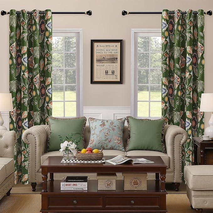 XiDi Green Floral Curtains 84 Inches Long 2 Panels Vintage Patterned Blackout Curtains for Bedroom Living Room Thermal Insulated Grommet Luxury Cottage Dark Botanical Printed Drapes Moss Green 52x84