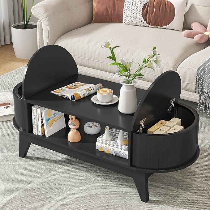 Coffee Table with 2 Hidden Storage,Mid Century Modern Coffee Table with Fluted Finish,Wood Center Tables Oval Coffee Tables with Flip-Top Lids for Living Room Home Office (Black)